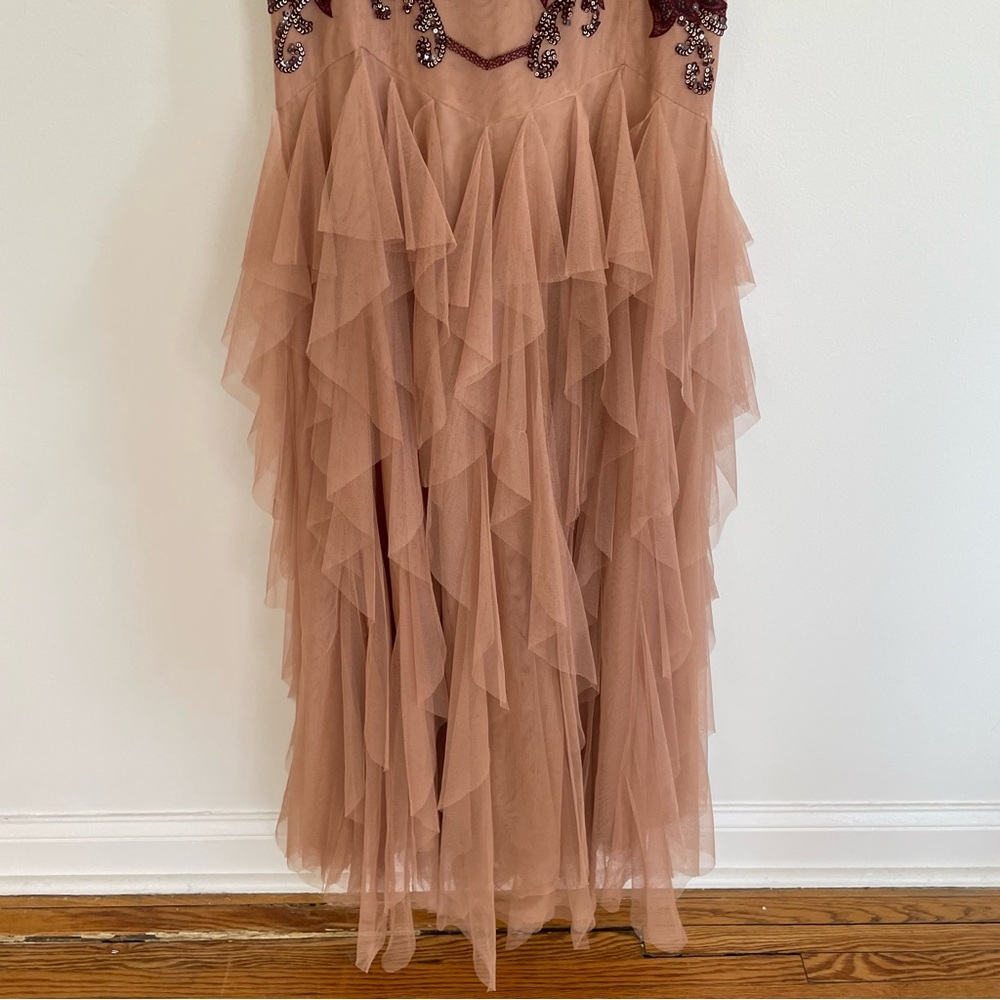 BCBGMaxAzria Dusty Rose Deep V Neckline Burgundy Embroidery Tiered Ruffle Dress - Picture 3 of 11